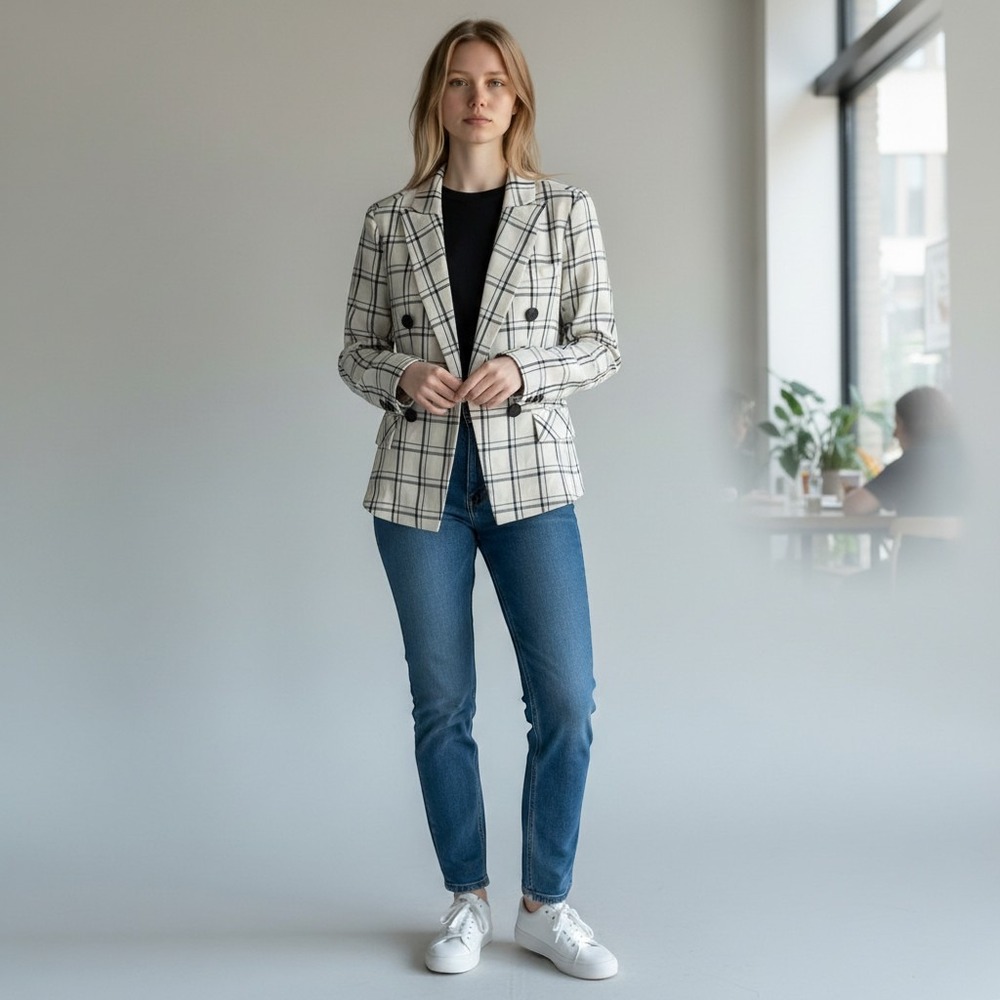 Choosy Women Cream Black Plaid Double Breasted Blazer Jacket Size 2 NWT